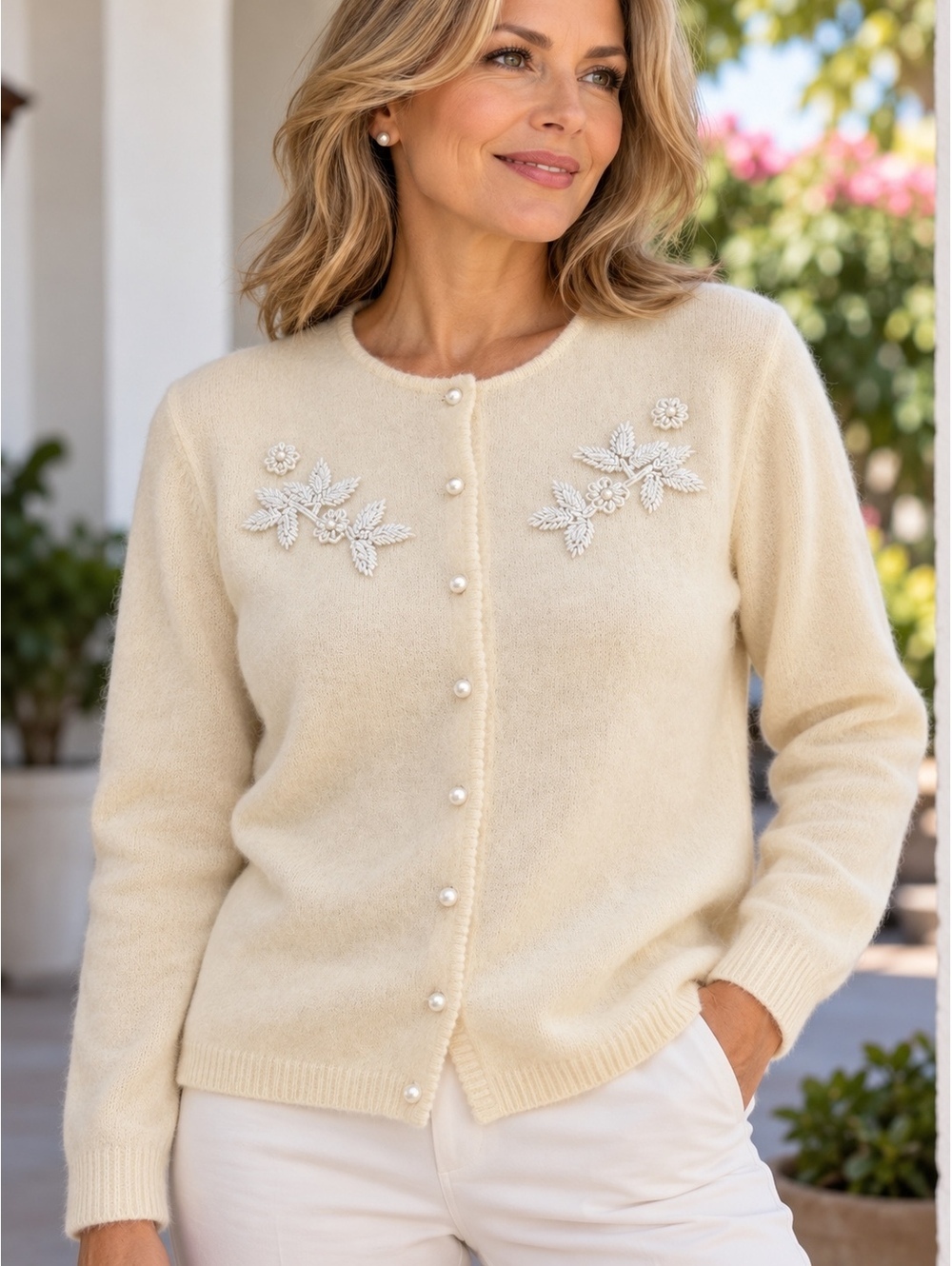 Vintage Rafaella Angora Rabbit Hair Wool Cardigan Ivory Beaded Pearl Buttons M
